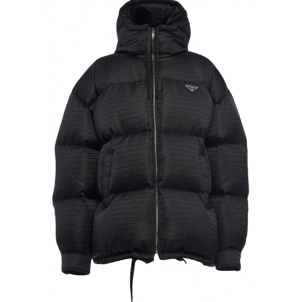 PRADA Logo-Jacquard Hooded Re-Nylon Down Jacket Black Size 38